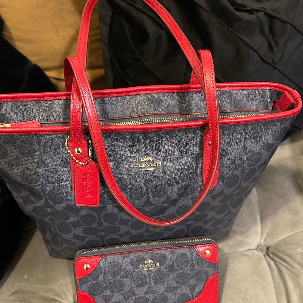 Coach Red and Blue Signature Tote Bag & Wallet